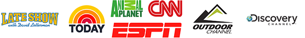 Archived media logos including Late Show, Today, Animal Planet, CNN, ESPN, Outdoor Channel and Discovery Channel